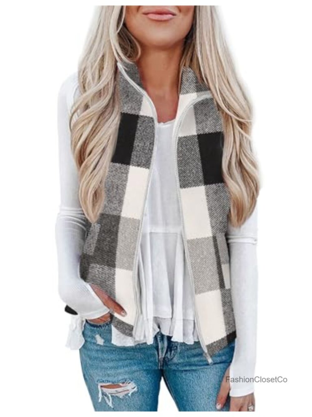 Womens Plaid Zip Up Sleeveless Vest Outerwear Jacket Pockets